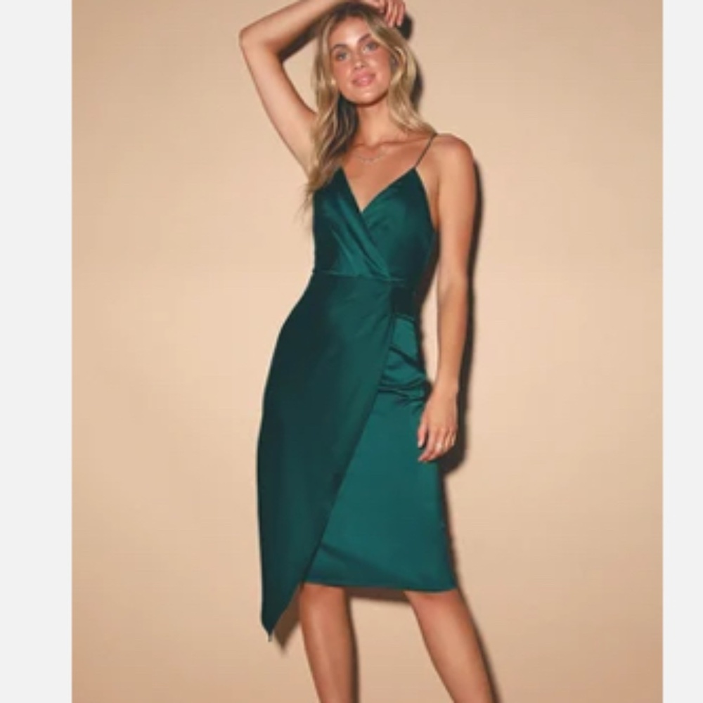 Lulus Green Satin Wrap Midi Dress